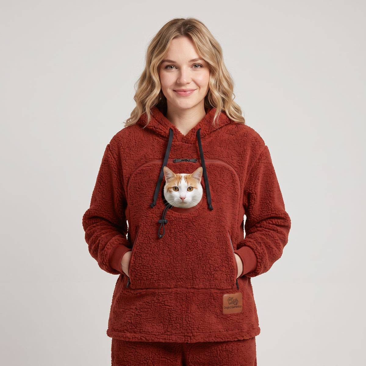 Woman wearing the rust red Dolgum Cozy Cat Hoodie with an orange and white cat in the front pouch